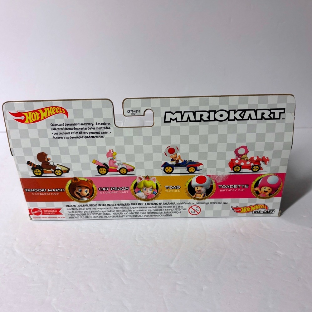 Hot Wheels Mario Kart 4 Pack Tanooki Mario Cat Peach Toad Toadette Die-Cast Set - Picture 4 of 5